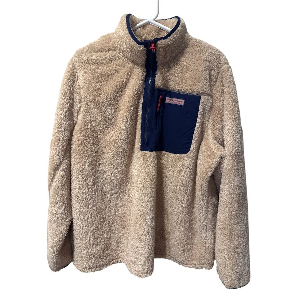 ⭐️ Men’s Vineyard Vines Stillwater Sherpa Quarter Zip Tan Pullover Size Large
